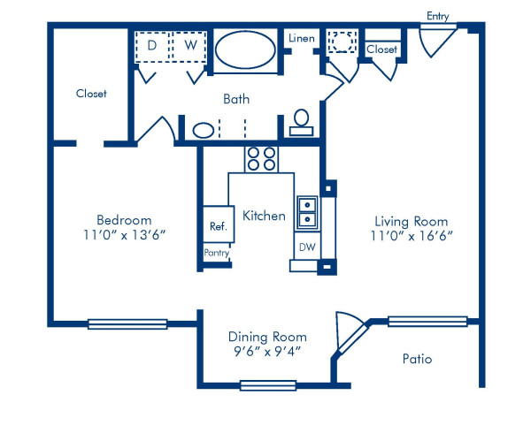 Blueprint of H Floor Plan, 1 Bedroom and 1 Bathroom at Camden Vanderbilt Apartments in Houston, TX
