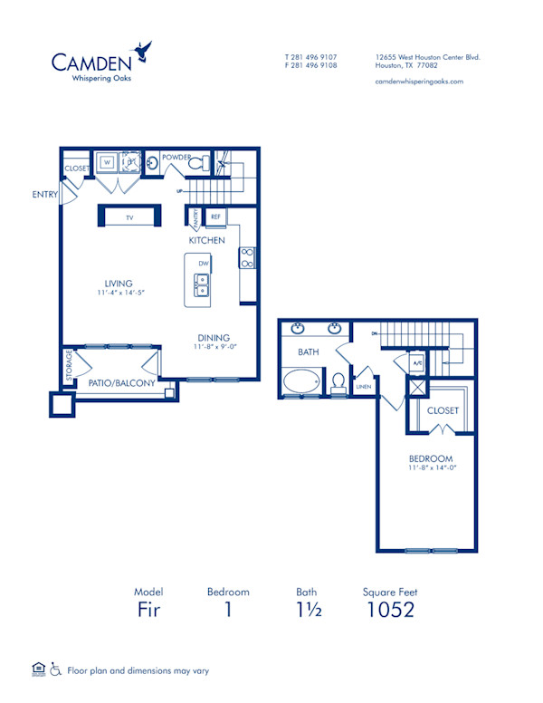 Blueprint of Fir Floor Plan, 1 Bedroom and 1.5 Bathrooms at Camden Whispering Oaks Apartments in Houston, TX
