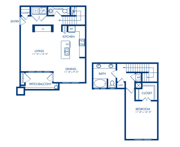 Blueprint of Fir Floor Plan, 1 Bedroom and 1.5 Bathrooms at Camden Whispering Oaks Apartments in Houston, TX