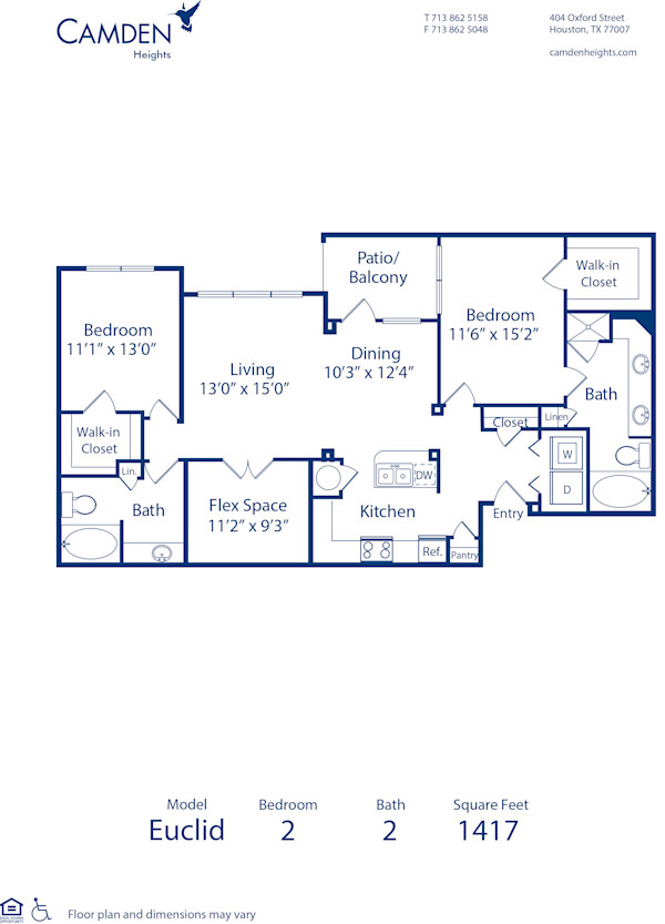 Blueprint of The Euclid Floor Plan, 2 Bedrooms and 2 Bathrooms at Camden Heights Apartments in Houston, TX