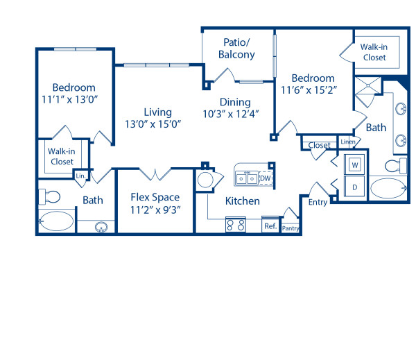 Blueprint of The Euclid Floor Plan, 2 Bedrooms and 2 Bathrooms at Camden Heights Apartments in Houston, TX