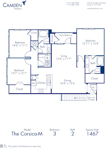 Blueprint of Corsica M Floor Plan, 3 Bedrooms and 2 Bathrooms at Camden Yorktown Apartments in Houston, TX