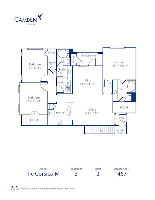 Blueprint of Corsica M Floor Plan, 3 Bedrooms and 2 Bathrooms at Camden Yorktown Apartments in Houston, TX