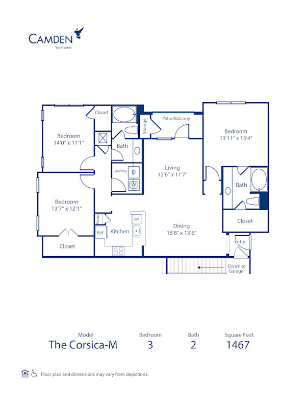 Blueprint of Corsica M Floor Plan, 3 Bedrooms and 2 Bathrooms at Camden Yorktown Apartments in Houston, TX