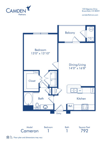 Blueprint of Cameron Floor Plan, 1 Bedroom and 1 Bathroom at Camden Flatirons Apartments in Broomfield, CO