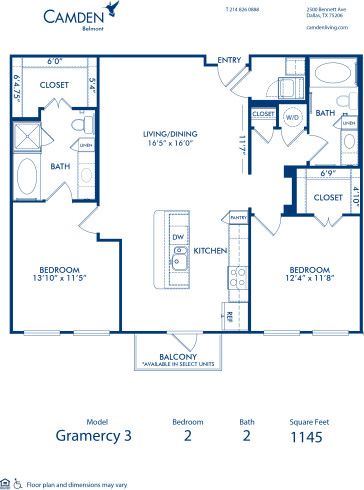 Blueprint of Gramercy 3 Floor Plan, 2 Bedrooms and 2 Bathrooms at Camden Belmont Apartments in Dallas, TX