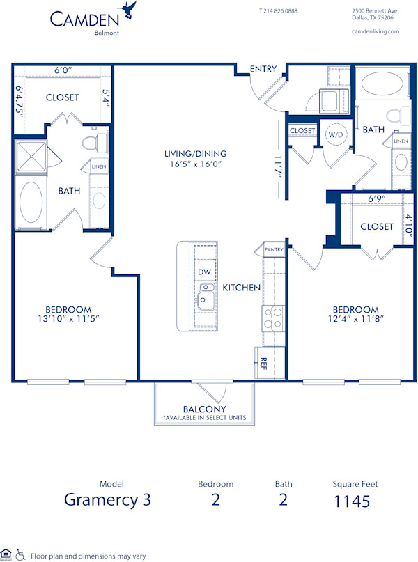 Blueprint of Gramercy 3 Floor Plan, 2 Bedrooms and 2 Bathrooms at Camden Belmont Apartments in Dallas, TX