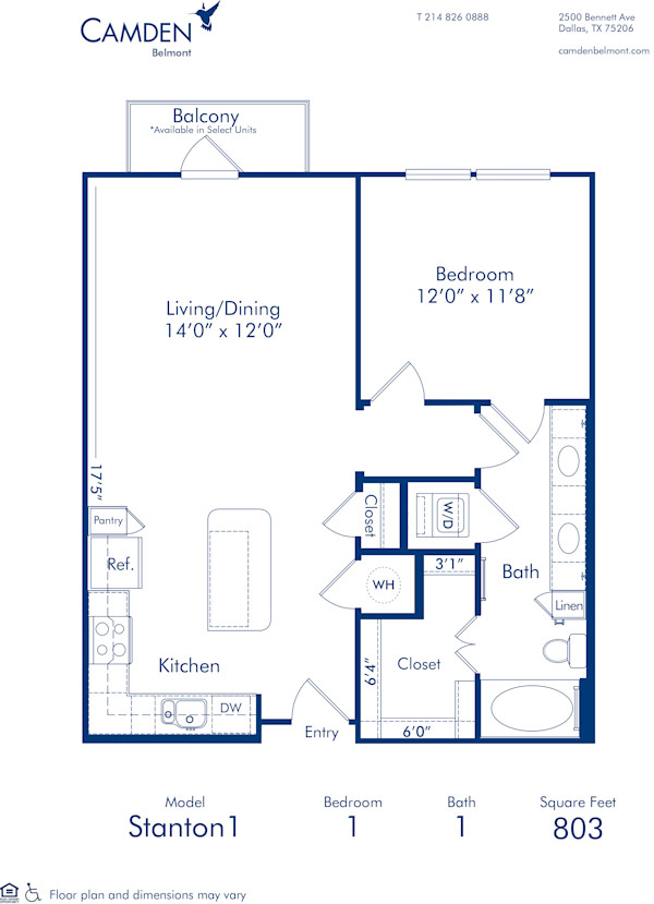 Blueprint of Stanton 1 Floor Plan, 1 Bedroom and 1 Bathroom at Camden Belmont Apartments in Dallas, TX