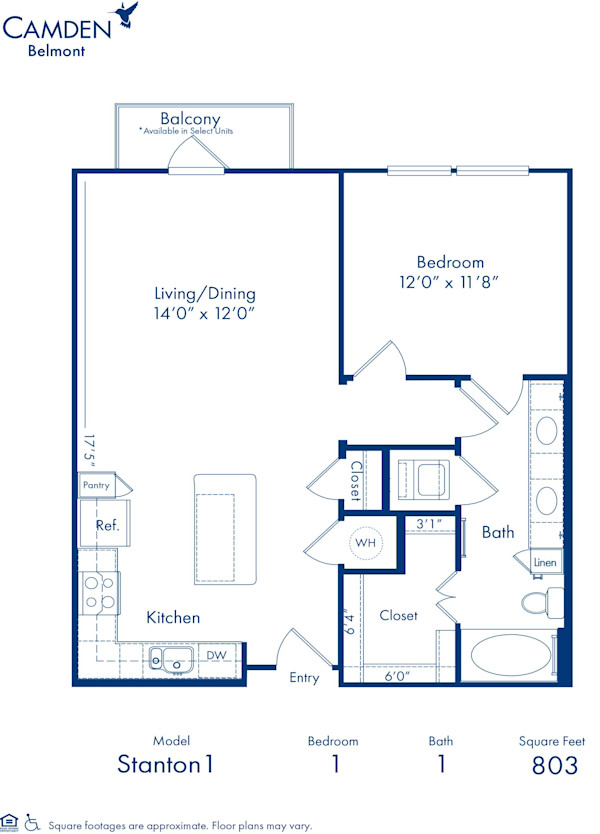 Blueprint of Stanton 1 Floor Plan, 1 Bedroom and 1 Bathroom at Camden Belmont Apartments in Dallas, TX