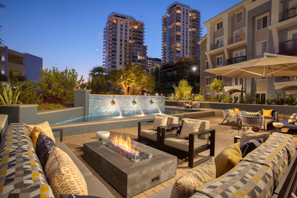 Fireplace lounge seating water fountain