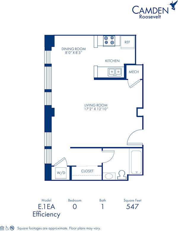 Blueprint of E.1EA Floor Plan, Studio with 1 Bathroom at Camden Roosevelt Apartments in Washington, DC