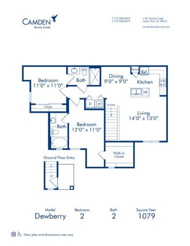 Blueprint of Dewberry Floor Plan, 2 Bedrooms and 2 Bathrooms at Camden Brushy Creek Apartments in Cedar Park, TX