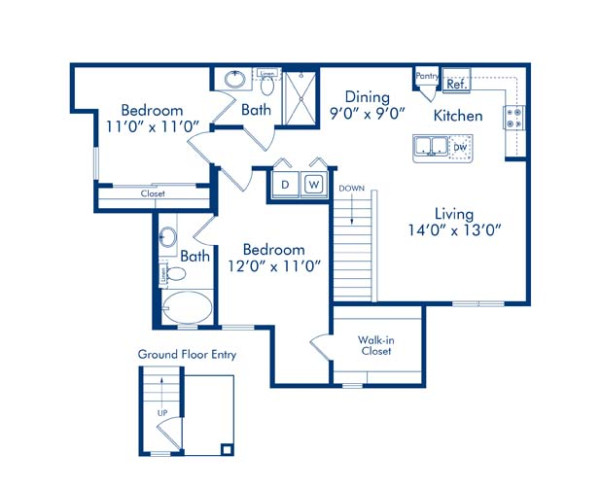 Blueprint of Dewberry Floor Plan, 2 Bedrooms and 2 Bathrooms at Camden Brushy Creek Apartments in Cedar Park, TX