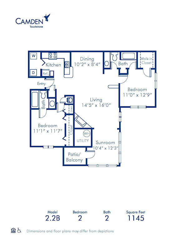 Blueprint of 2.2B Floor Plan, 2 Bedrooms and 2 Bathrooms at Camden Touchstone Apartments in Charlotte, NC