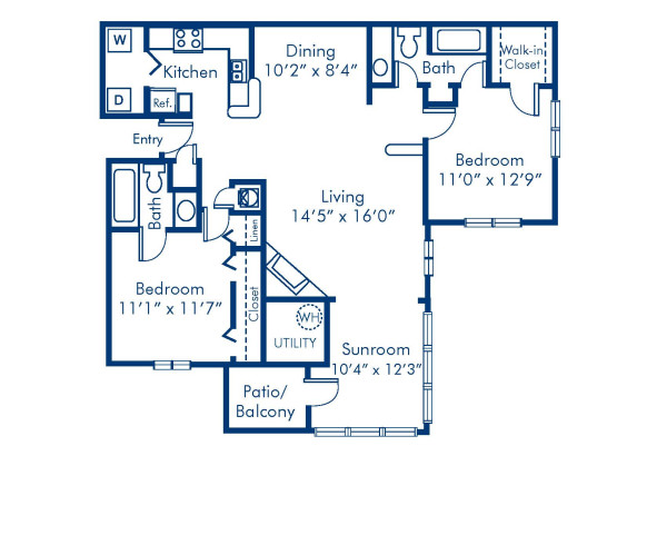 Blueprint of 2.2B Floor Plan, 2 Bedrooms and 2 Bathrooms at Camden Touchstone Apartments in Charlotte, NC