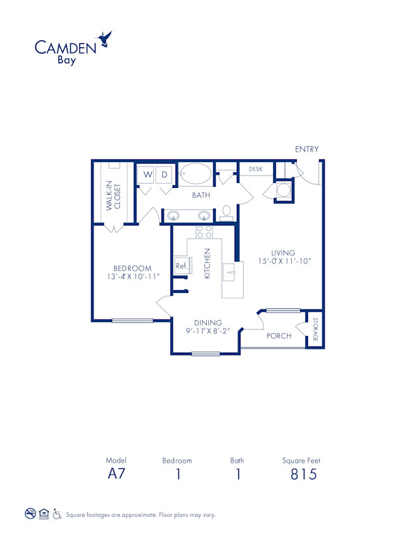Blueprint of Coral (Patio) Floor Plan, 1 Bedroom and 1 Bathroom at Camden Bay Apartments in Tampa, FL