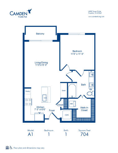 Camden Franklin Park apartments one bedroom floor plan A1