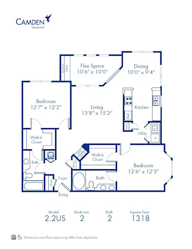 Blueprint of 2.2US Floor Plan, 2 Bedrooms and 2 Bathrooms at Camden Stonecrest Apartments in Charlotte, NC