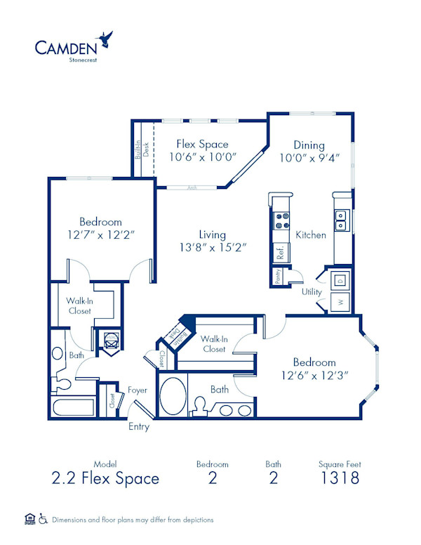 Blueprint of 2.2US Floor Plan, 2 Bedrooms and 2 Bathrooms at Camden Stonecrest Apartments in Charlotte, NC