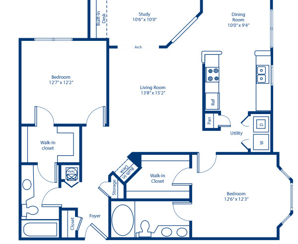 Blueprint of 2.2US Floor Plan, 2 Bedrooms and 2 Bathrooms at Camden Stonecrest Apartments in Charlotte, NC