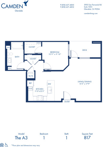 Blueprint of A3 Floor Plan, 1 Bedroom and 1 Bathroom at Camden Glendale Apartments in Glendale, CA