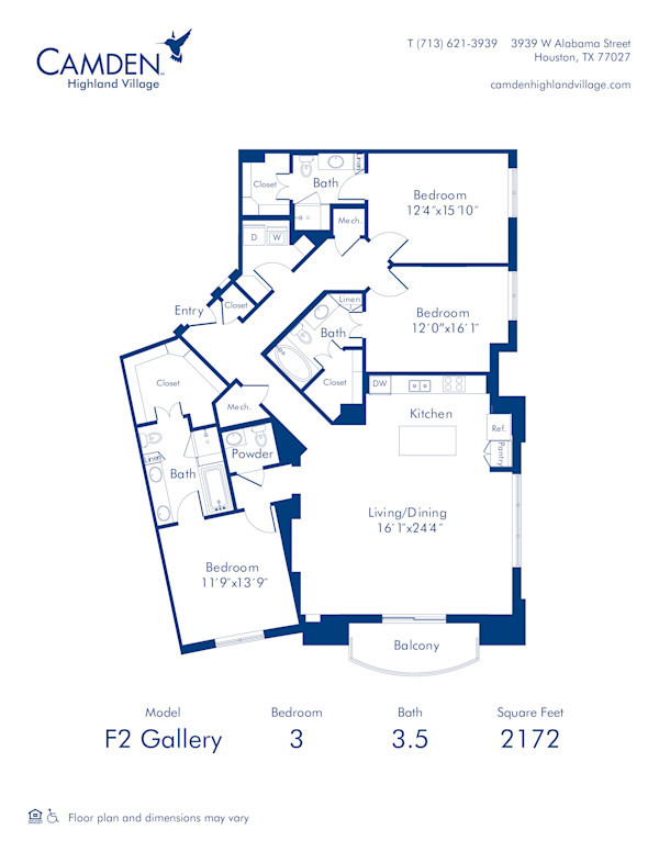 Camden Highland Village apartments in Houston, TX Gallery three bedroom floor plan F2