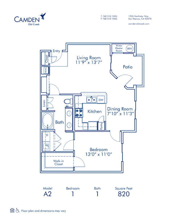 Blueprint of A2 Floor Plan, 1 Bedroom and 1 Bathroom at Camden Old Creek Apartments in San Marcos, CA
