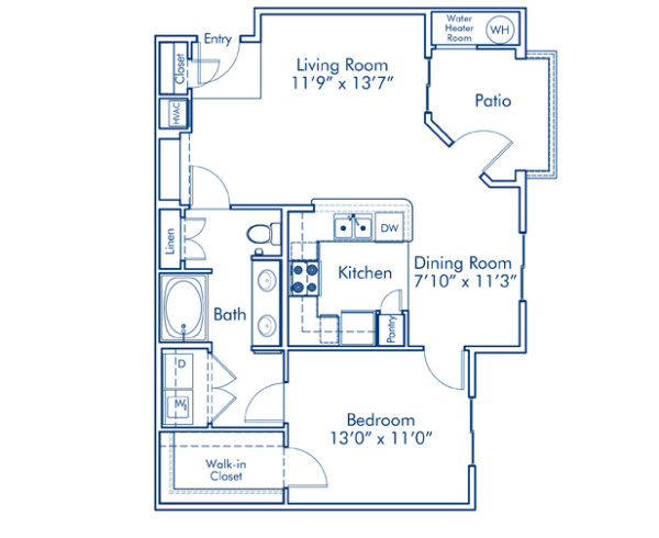 Blueprint of A2 Floor Plan, 1 Bedroom and 1 Bathroom at Camden Old Creek Apartments in San Marcos, CA