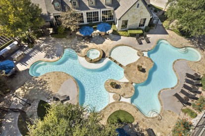 Aerial view of second pool and clubhouse at Camden Shadow Brook apartments in Austin, TX