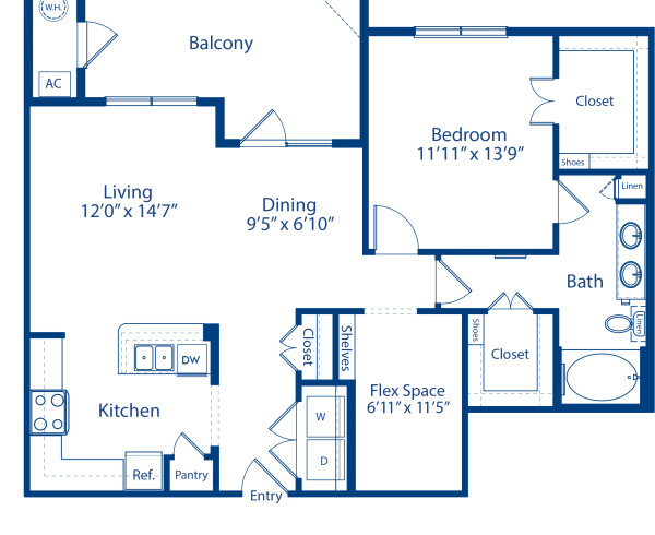 Blueprint of Evans Floor Plan, 1 Bedroom and 1 Bathroom at Camden Flatirons Apartments in Broomfield, CO