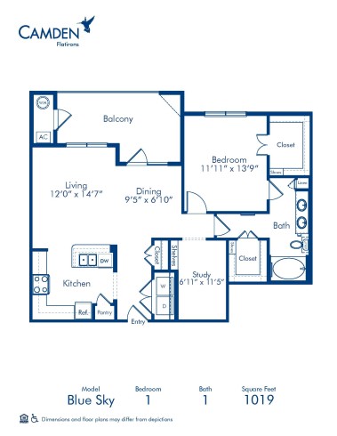 Blueprint of Evans Floor Plan, 1 Bedroom and 1 Bathroom at Camden Flatirons Apartments in Broomfield, CO