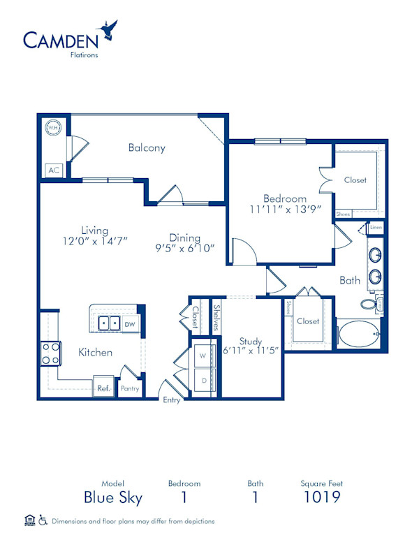 Blueprint of Bluesky Floor Plan, 1 Bedroom and 1 Bathroom at Camden Flatirons Apartments in Broomfield, CO