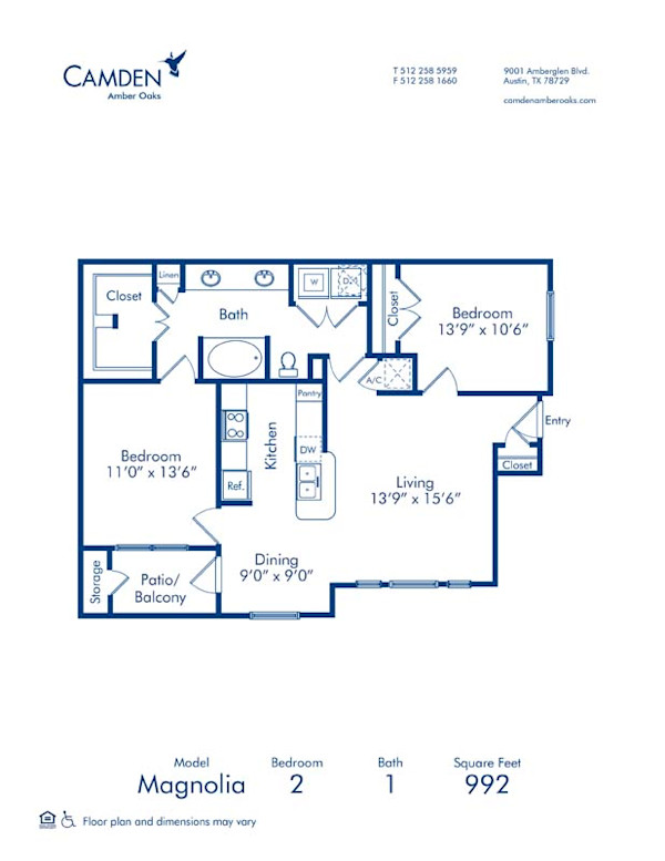Blueprint of Magnolia Floor Plan, 2 Bedrooms and 1 Bathroom at Camden Amber Oaks Apartments in Austin, TX