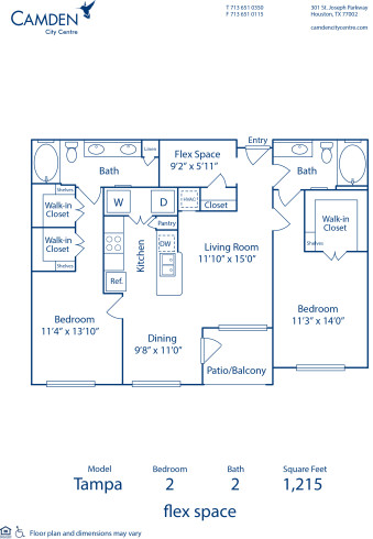 Blueprint of Tampa Floor Plan, 2 Bedrooms and 2 Bathrooms at Camden City Centre Apartments in Houston, TX