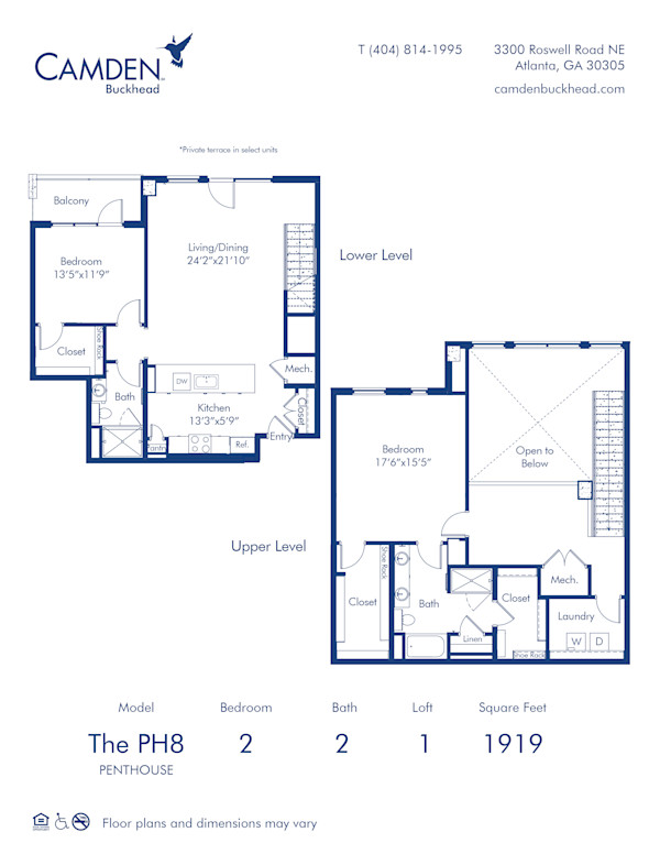 Camden Buckhead apartments Atlanta, Georgia 2 bedroom, 2 bath, 2 story townhome floor plan PH8