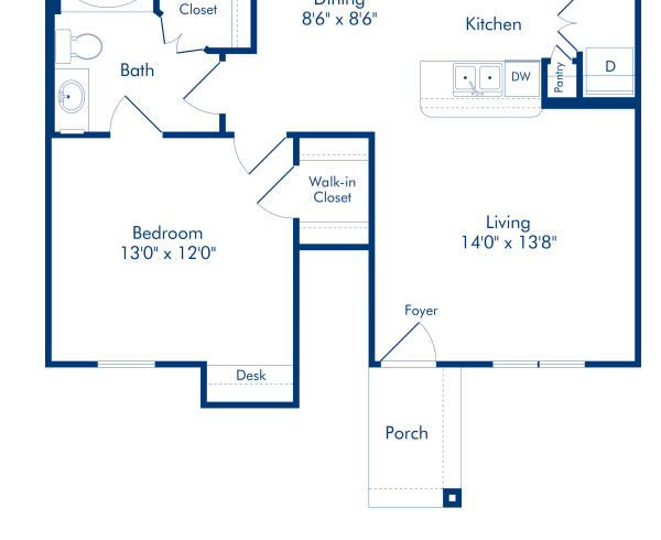 Blueprint of Gilmore Floor Plan, 1 Bedroom and 1 Bathroom at Camden Shadow Brook Apartments in Austin, TX