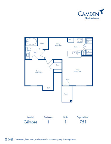 Blueprint of Gilmore Floor Plan, 1 Bedroom and 1 Bathroom at Camden Shadow Brook Apartments in Austin, TX