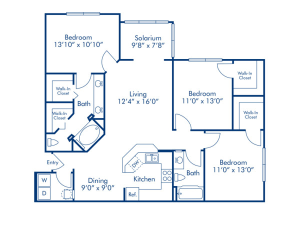 Blueprint of Diamond Floor Plan, 3 Bedrooms and 2 Bathrooms at Camden Lee Vista Apartments in Orlando, FL