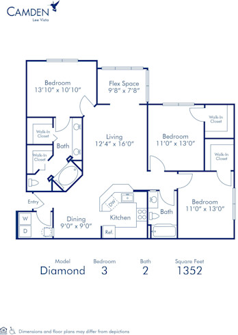 Blueprint of Diamond Floor Plan, 3 Bedrooms and 2 Bathrooms at Camden Lee Vista Apartments in Orlando, FL