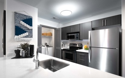 Modern style kitchen with stainless steel appliances and white quartz countertops
