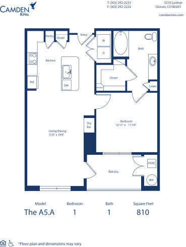 Camden Rino apartments in Denver one bedroom floor plan diagram, The A5.A