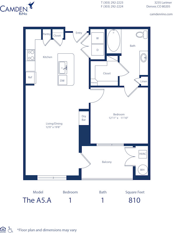 Camden Rino apartments in Denver one bedroom floor plan diagram, The A5.A