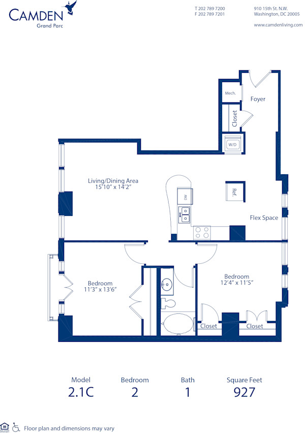 Blueprint of 2.1C Floor Plan, 2 Bedrooms and 1 Bathroom at Camden Grand Parc Apartments in Washington, DC