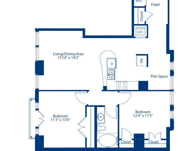 Blueprint of 2.1C Floor Plan, 2 Bedrooms and 1 Bathroom at Camden Grand Parc Apartments in Washington, DC
