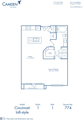 Blueprint of Cincinnati Floor Plan, Studio with 1 Bathroom at Camden City Centre Apartments in Houston, TX