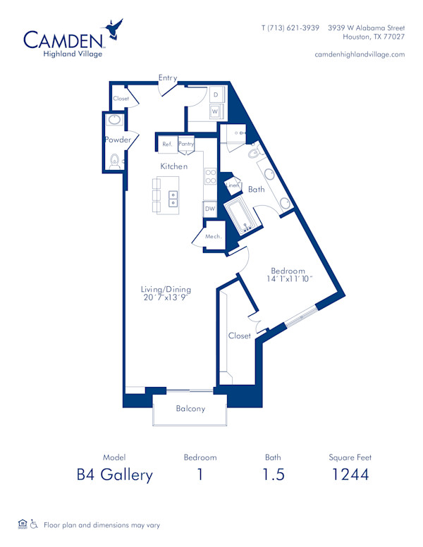 Camden Highland Village apartments in Houston, TX Gallery one bedroom floor plan B4