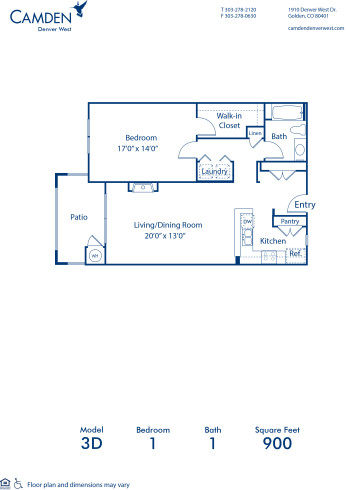 Blueprint of 3D Floor Plan, 1 Bedroom and 1 Bathroom at Camden Denver West Apartments in Golden, CO