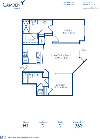 Blueprint of H1 Floor Plan, 2 Bedrooms and 2 Bathrooms at Camden Dilworth Apartments in Charlotte, NC