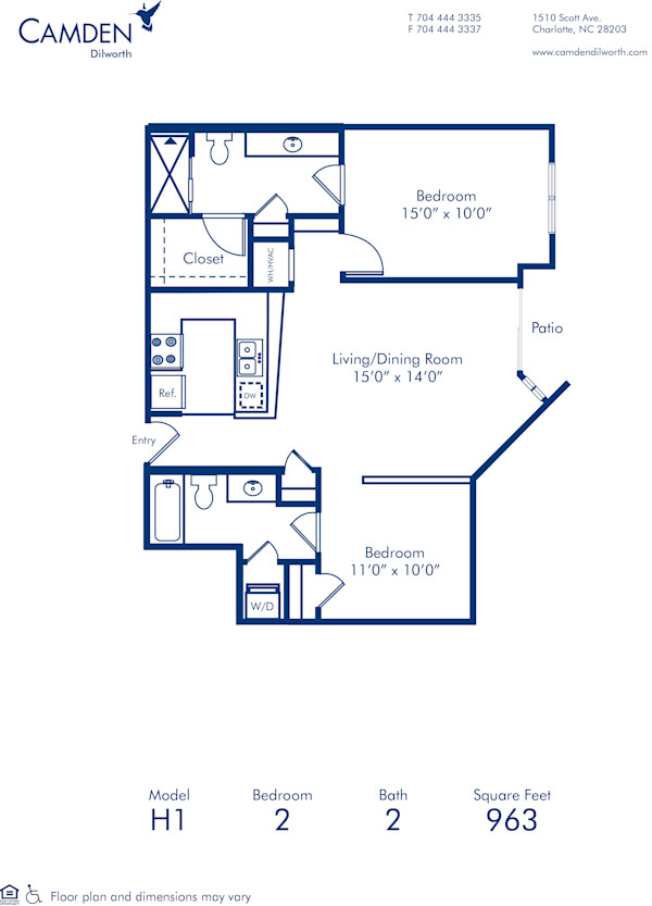 Blueprint of H1 Floor Plan, 2 Bedrooms and 2 Bathrooms at Camden Dilworth Apartments in Charlotte, NC