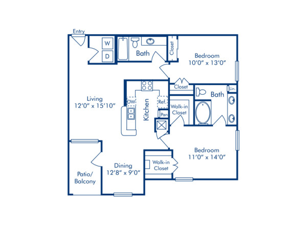 Blueprint of E1 Floor Plan, 2 Bedrooms and 2 Bathrooms at Camden Farmers Market Apartments in Dallas, TX